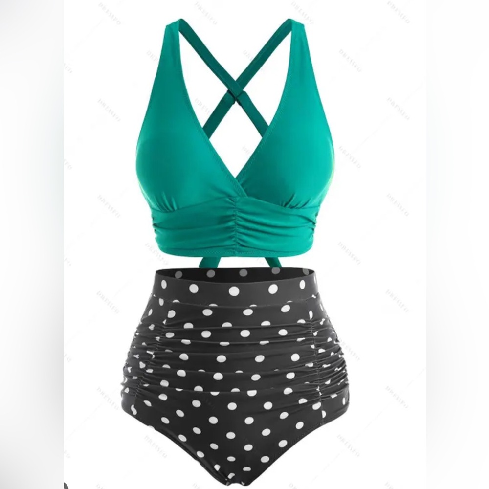 NWT Tummy control Teal and Black Polka Dot Bikini